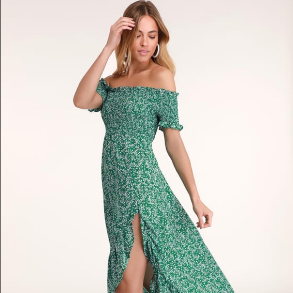 Lulus Green Floral Off-the-shoulder Dress